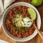 Ground Beef Stovetop Chili in a white bowl topped with sour cream, shredded cheese, chopped green onions, cilantro, and a lime wedge.