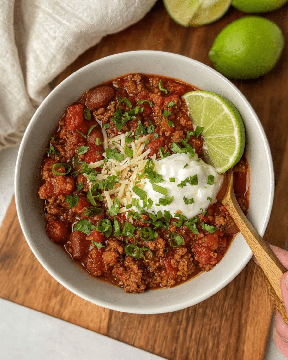 Ground Beef Stovetop Chili in a white bowl topped with sour cream, shredded cheese, chopped green onions, cilantro, and a lime wedge.