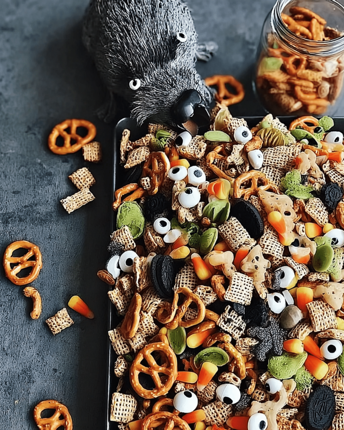 Tray of Halloween Crunch snack mix with pretzels, candy corn, cookies, candy eyeballs, and cereal pieces.