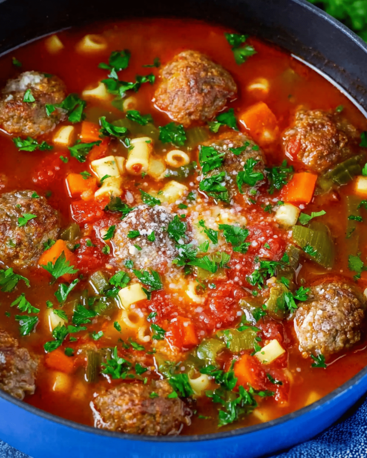 A bowl of Italian Meatball Soup filled with meatballs, pasta, carrots, celery, tomatoes, and fresh parsley.