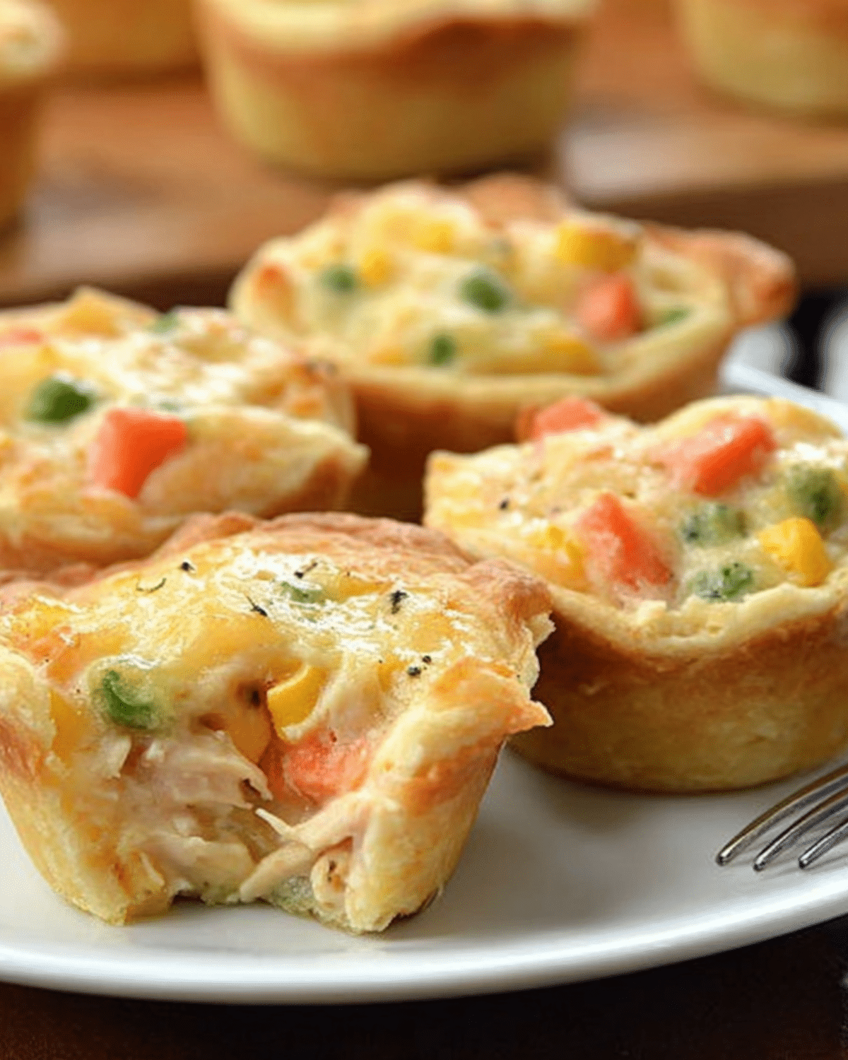 Mini chicken pot pies filled with creamy chicken, vegetables, and cheese, served on a white plate.