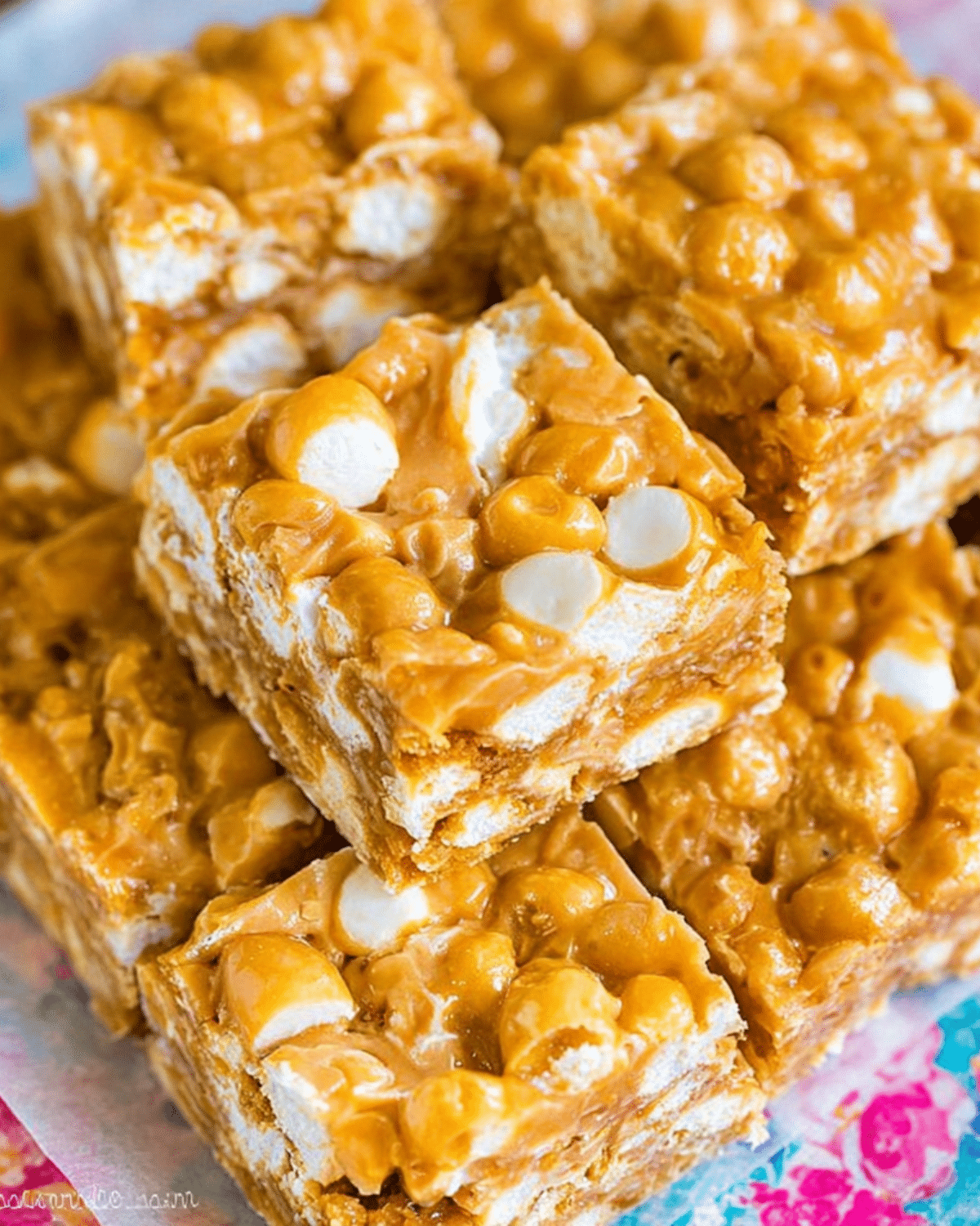 Stack of No Bake Butterscotch Marshmallow Bars filled with white chocolate chips and mini marshmallows.