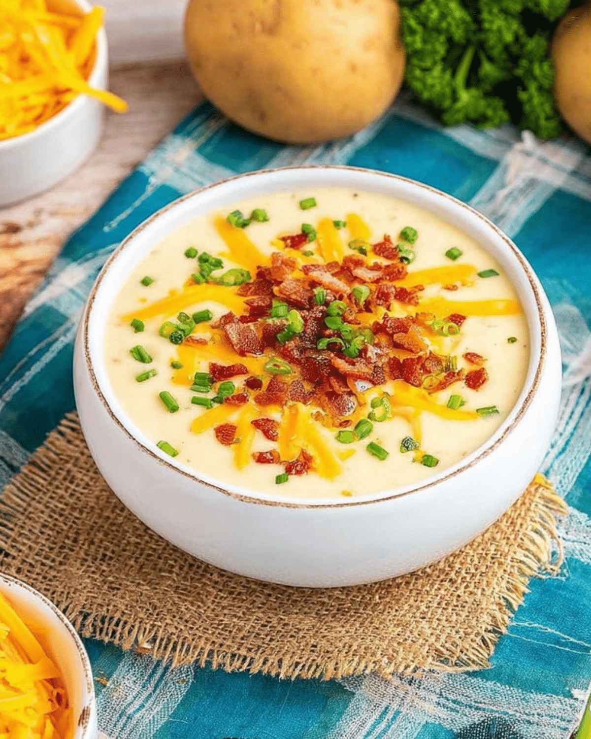 A bowl of Outback Baked Potato Soup topped with shredded cheddar cheese, crispy bacon bits, and chopped green onions.