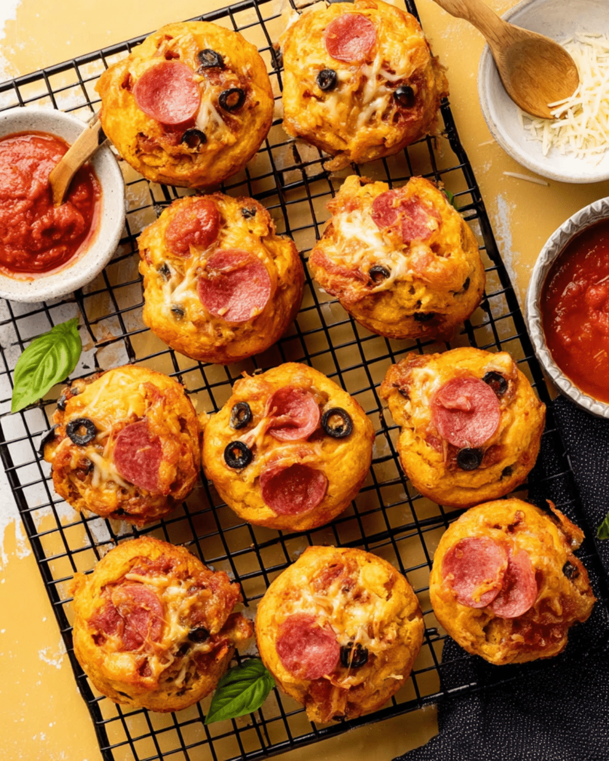Freshly baked Pizza Muffins topped with pepperoni, cheese, and black olives on a cooling rack.