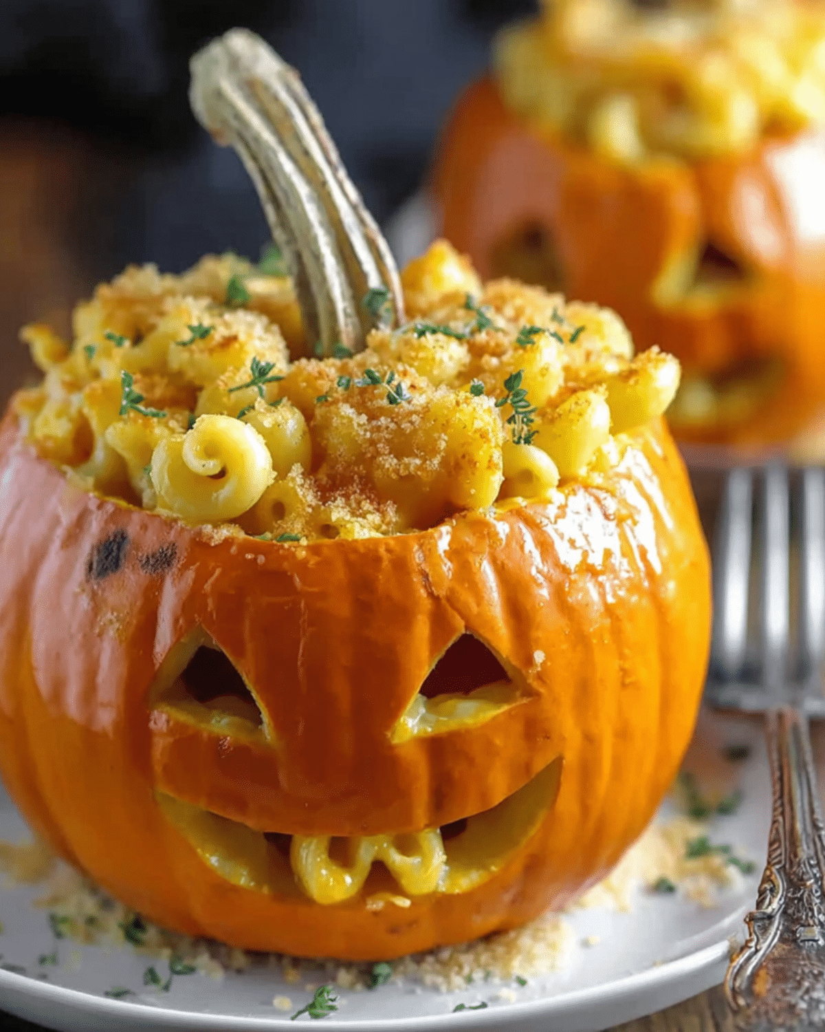 Pumpkin Jack ’n Cheese Bowls with creamy mac and cheese served inside a carved Jack-o'-lantern pumpkin.