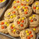 A tray full of freshly baked Reese's Pieces Cookies topped with colorful candy-coated peanut butter pieces.
