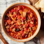 Wendy's Chili Recipe served in a rustic bowl with ground beef, kidney beans, tomatoes, onions, and peppers.