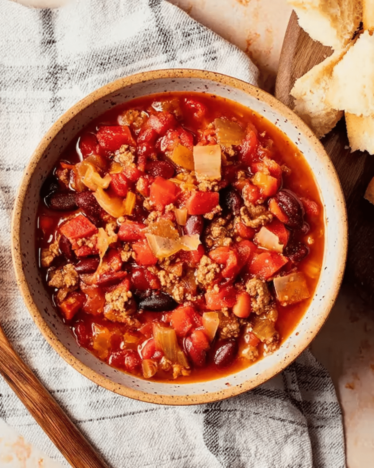 Wendy's Chili Recipe served in a rustic bowl with ground beef, kidney beans, tomatoes, onions, and peppers.