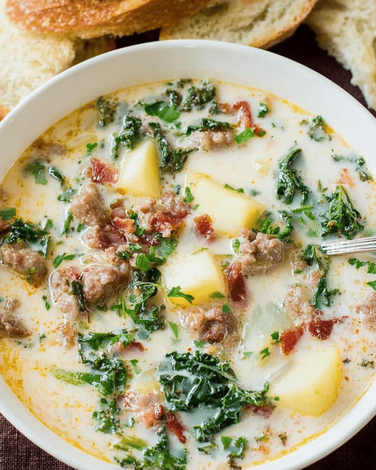 A bowl of Zuppa Toscana Soup filled with sausage, potatoes, kale, bacon, and creamy broth, served with bread.