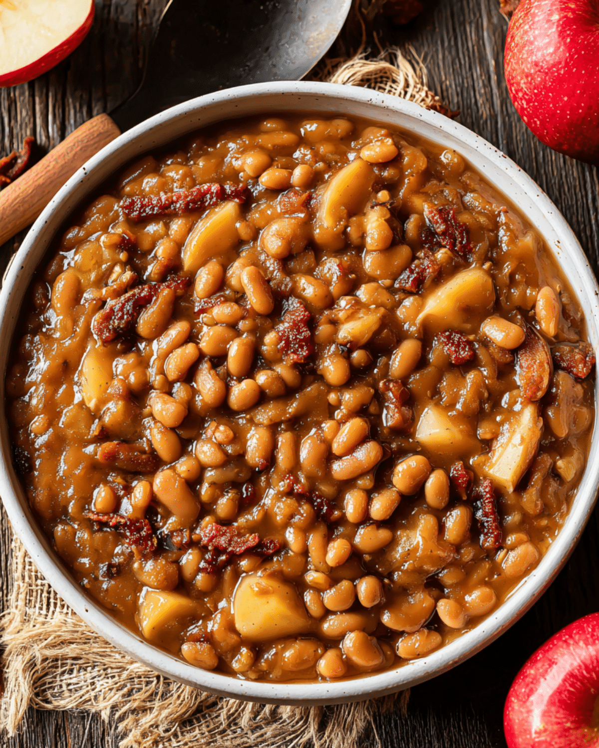 Bowl of apple pie baked beans with chunks of apples, crispy bacon, and a rich, glossy sauce, surrounded by red apples on a rustic wooden table.