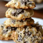 Stack of Almond Joy cookies filled with shredded coconut, chocolate chunks, and almonds on a white plate.