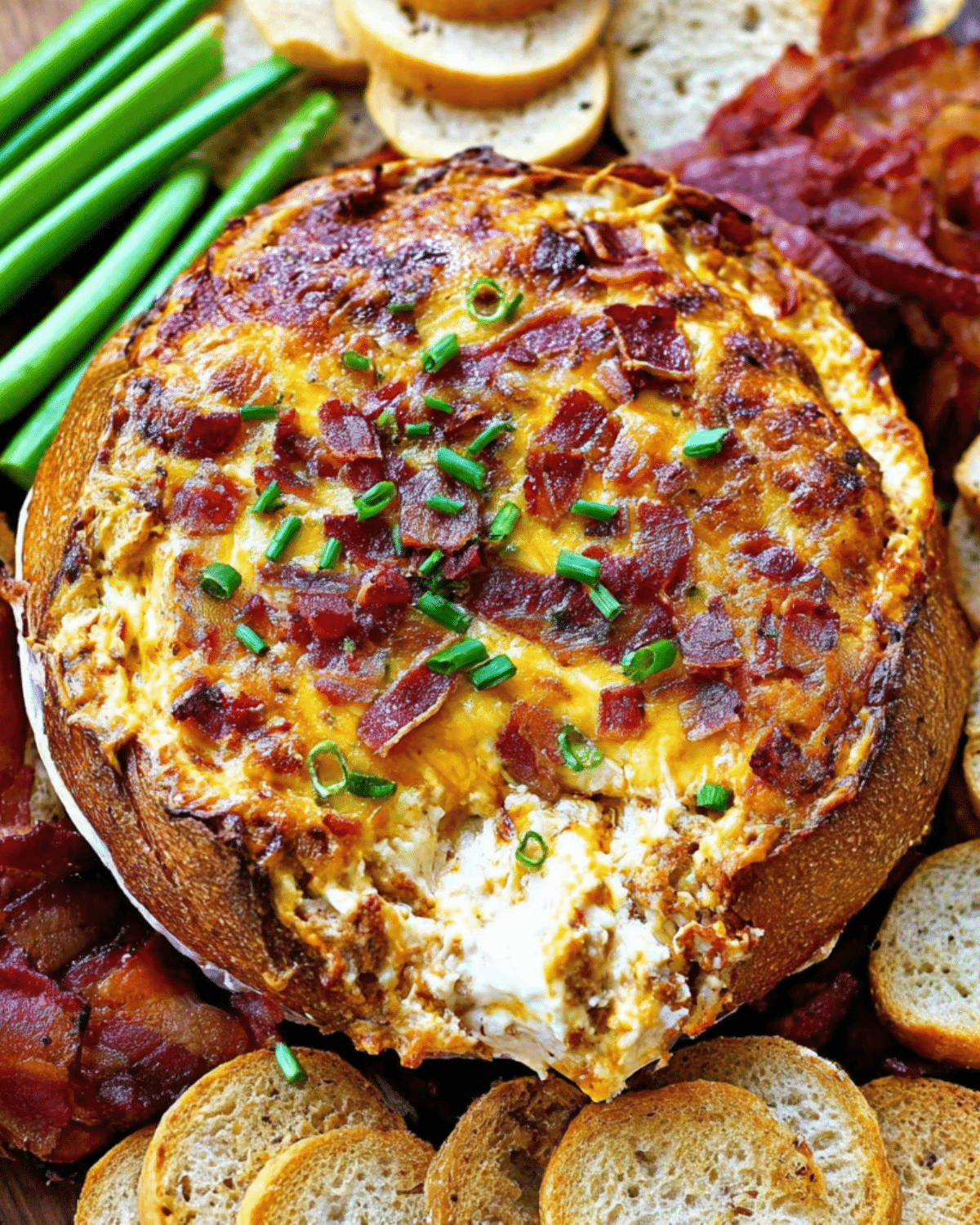 Baked bacon cheese dip served in a bread bowl, topped with crispy bacon bits and chopped green onions, surrounded by crackers and celery sticks.