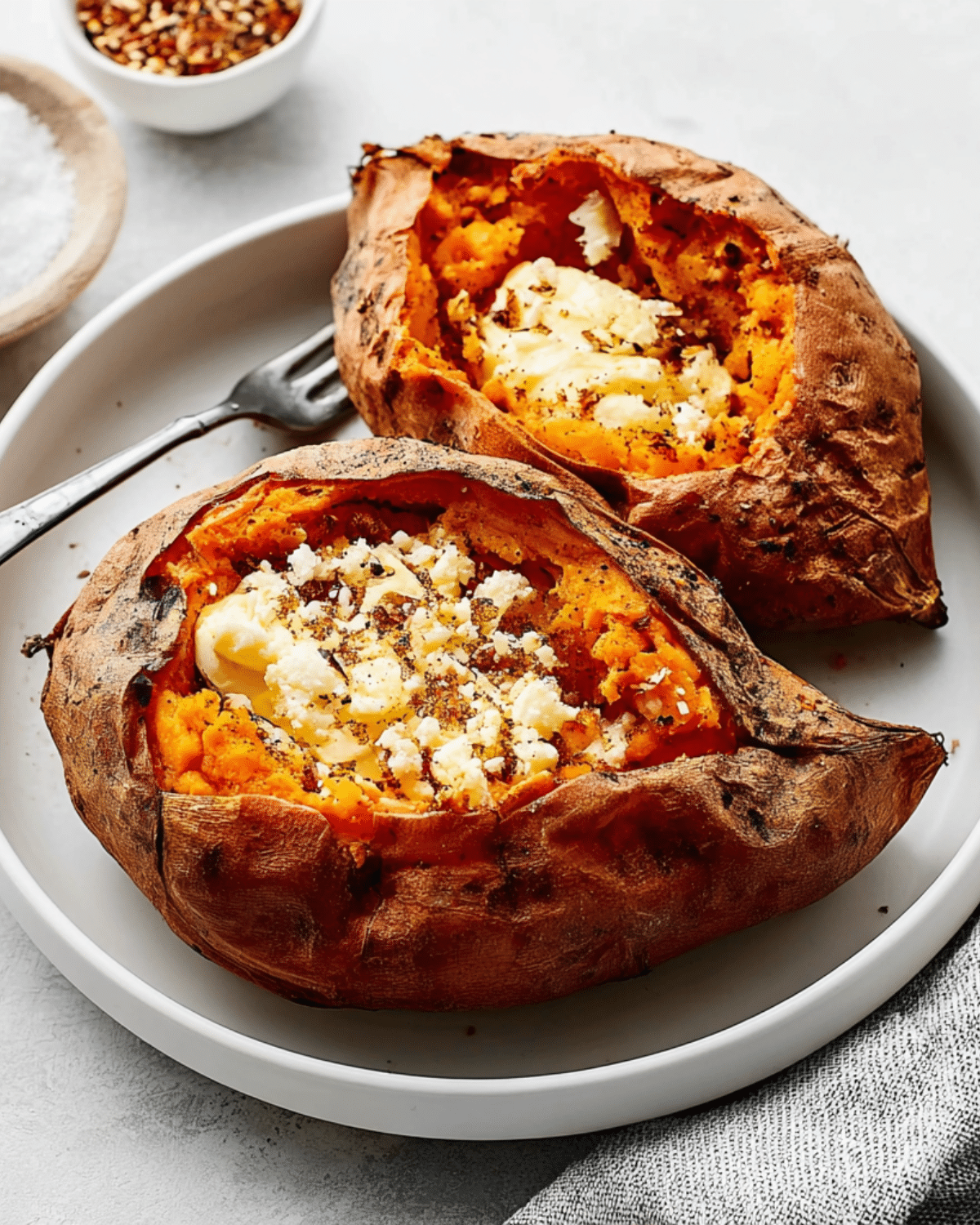 Two baked sweet potatoes on a white plate, split open and topped with butter, crumbled cheese, and seasoning.