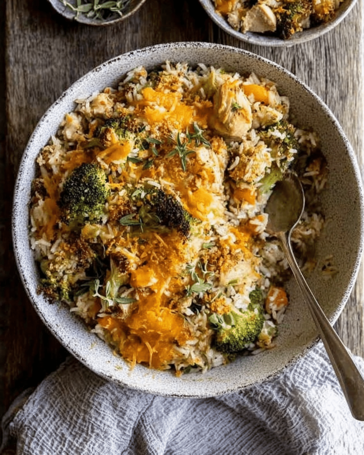 Bowl of Broccoli Cheddar Chicken and Rice Casserole with melted cheddar cheese, roasted broccoli, and fresh herbs.