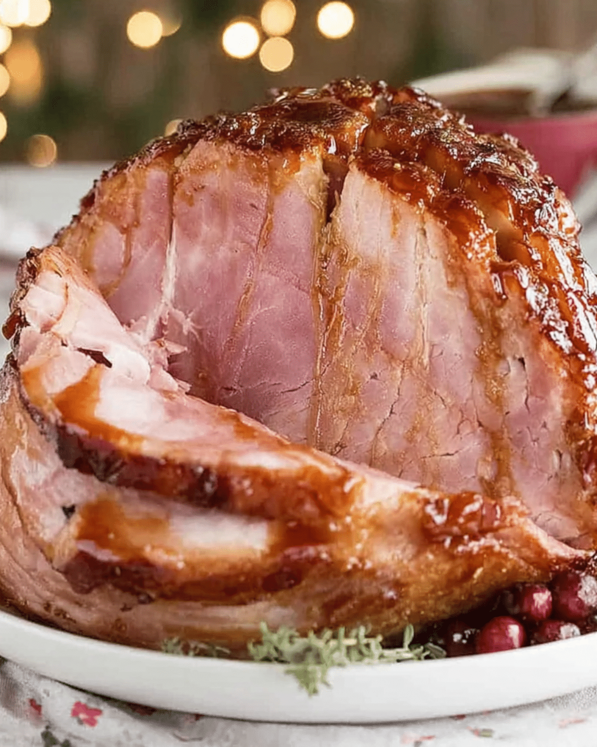 Brown sugar glazed ham with a caramelized crust, partially sliced and served on a white platter with herbs and cranberries.