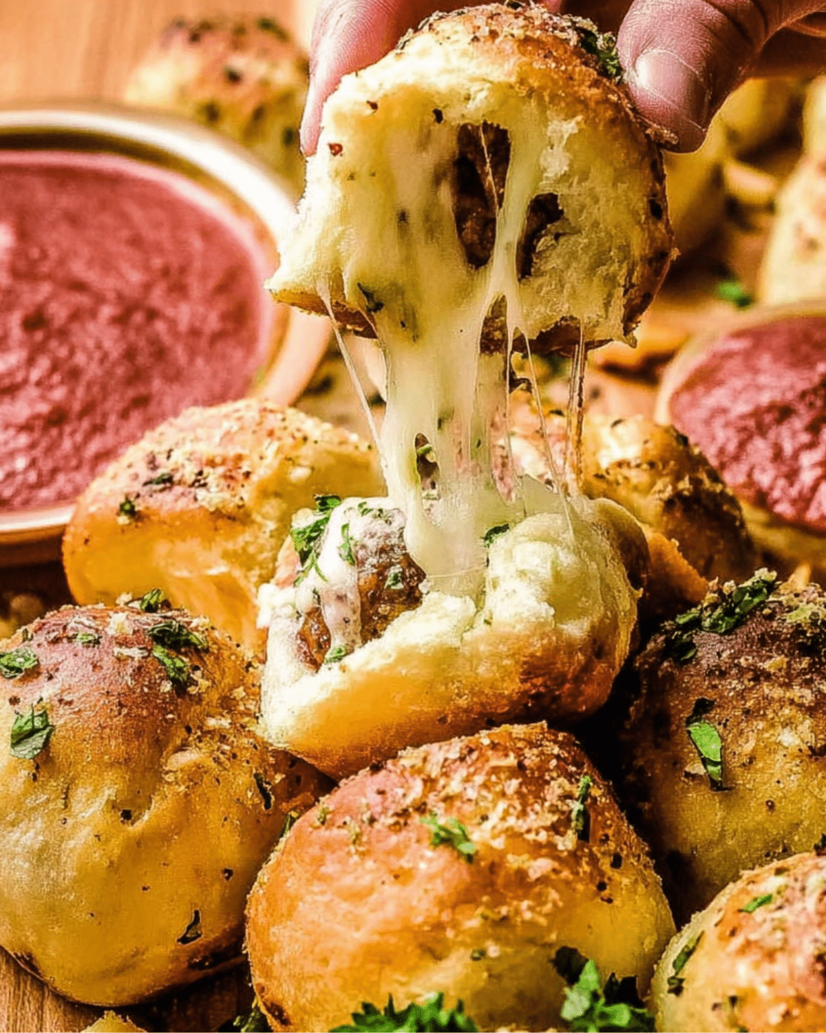 Cheesy Meatball Bombs filled with gooey melted cheese and savory meatballs, served with marinara dipping sauce.