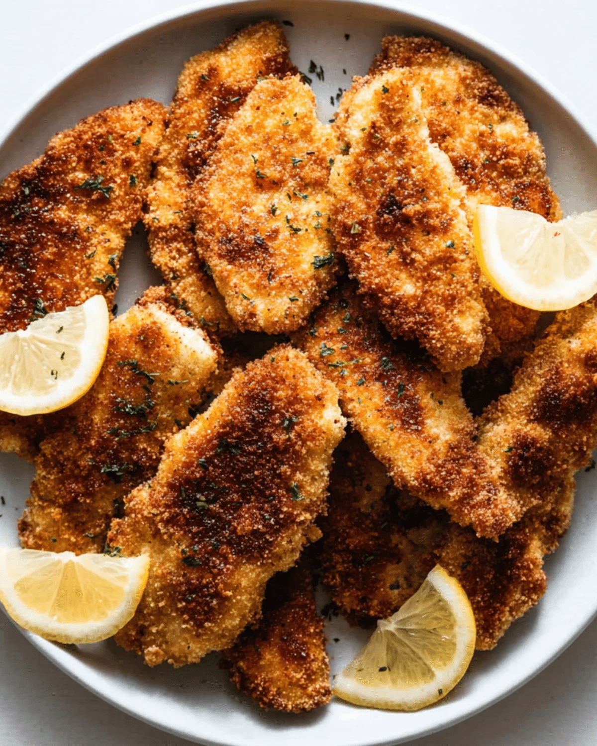 Golden brown chicken cutlets served on a white plate with lemon wedges and a sprinkle of herbs.