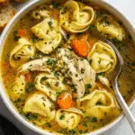Chicken tortellini soup in a white bowl, filled with cheese tortellini, shredded chicken, carrots, herbs, and a golden broth.