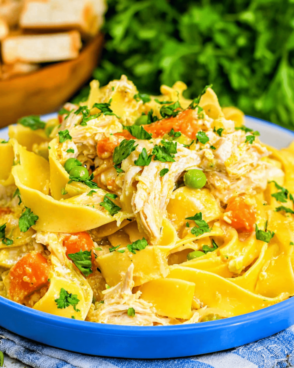 A hearty bowl of chicken and noodles with wide egg noodles, shredded chicken, peas, and carrots, garnished with fresh parsley.