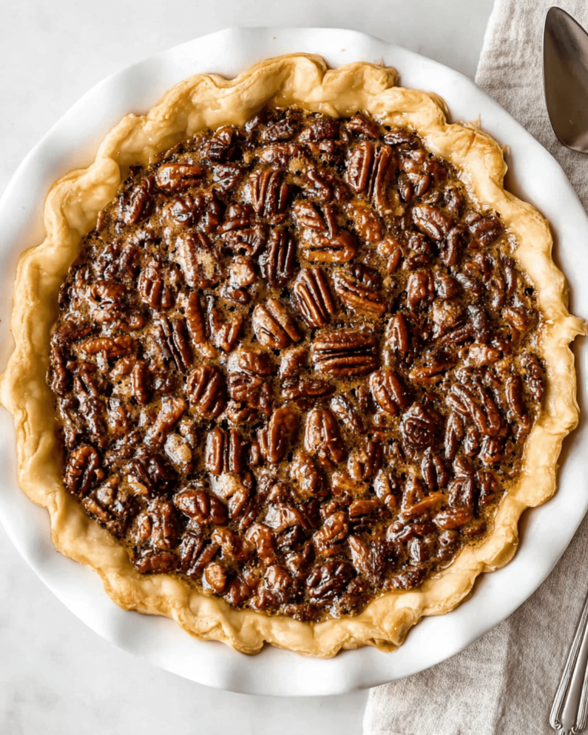 Whole chocolate bourbon pecan pie in a white pie dish, filled with glossy pecans and a golden, flaky crust.