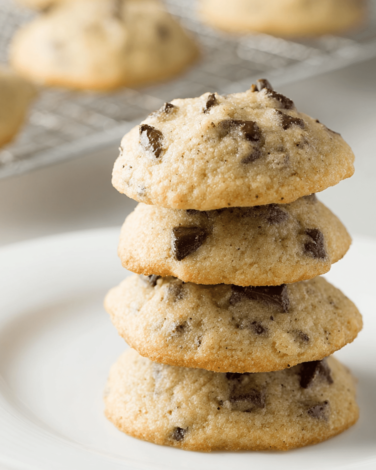 Stack of soft chocolate chip banana cookies on a white plate, with more cookies cooling on a rack in the background.