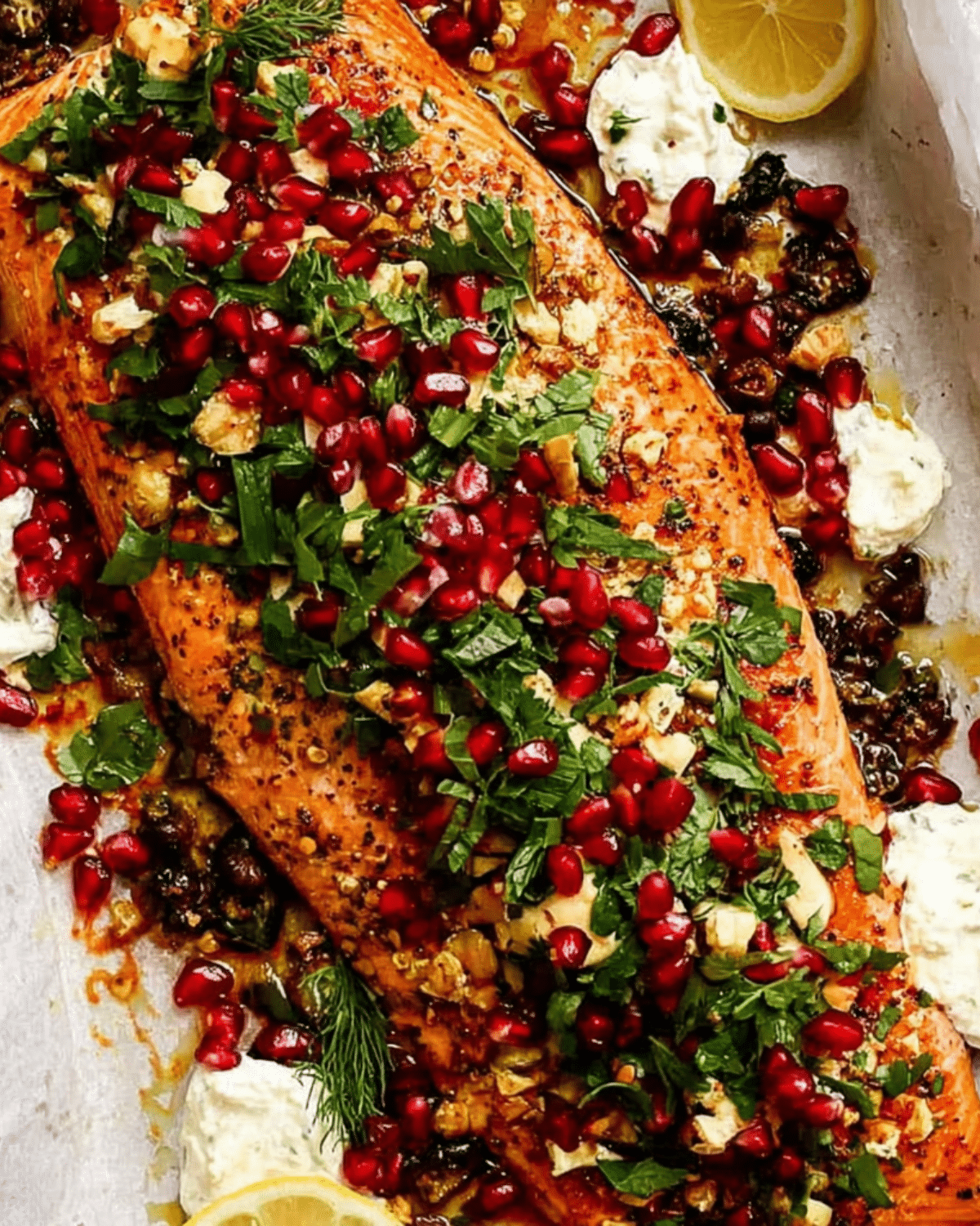 Christmas baked salmon topped with fresh herbs, pomegranate seeds, and chopped nuts, garnished with lemon slices and dollops of herbed cream.