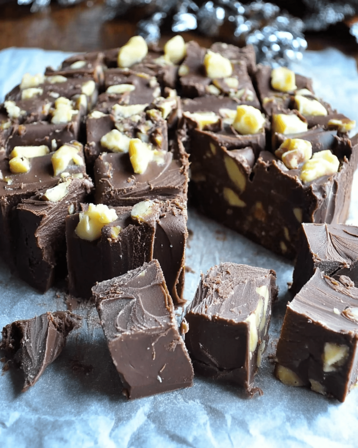 Squares of rich Christmas fudge cake topped and filled with chopped nuts, arranged on parchment paper.