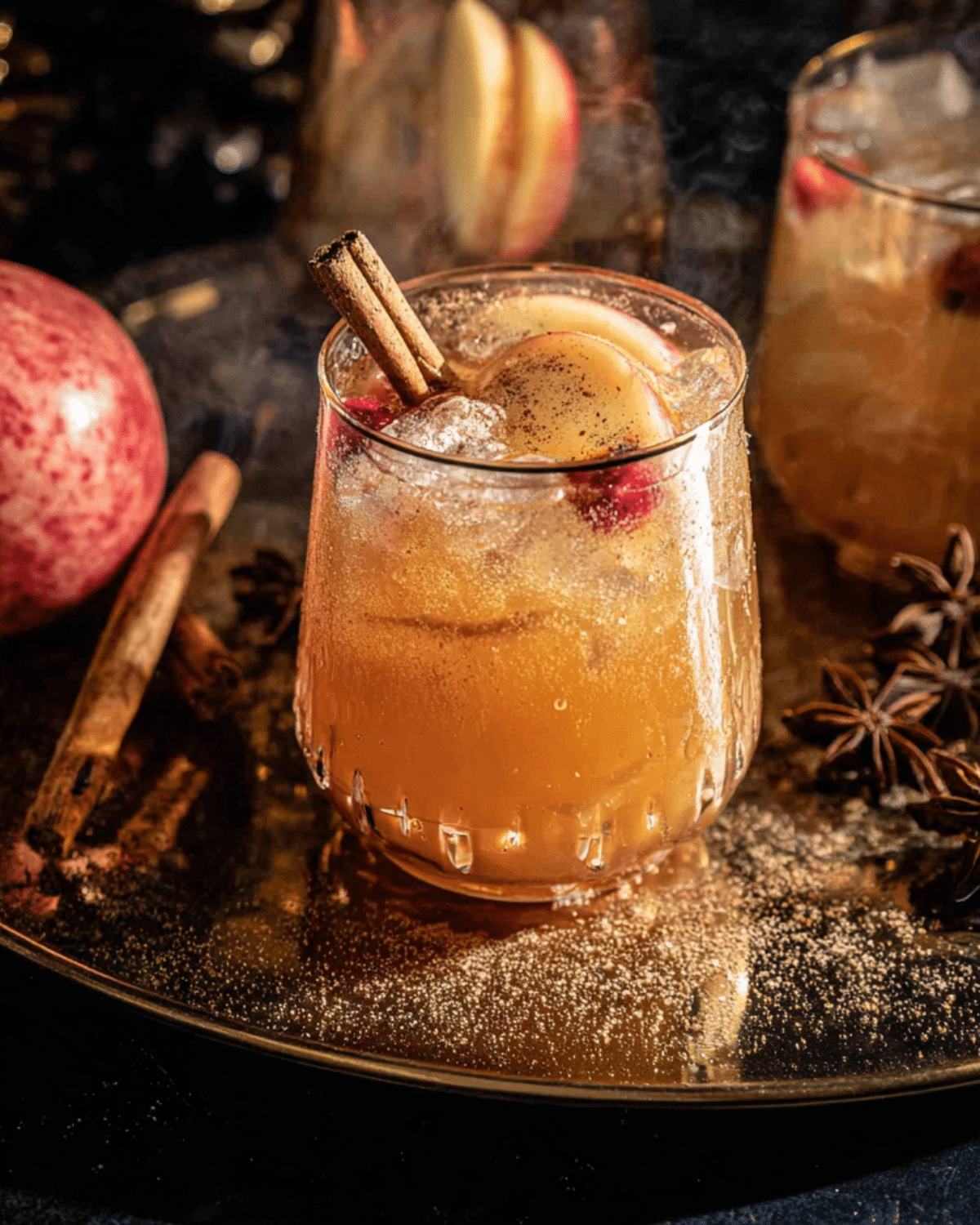 Cinnamon apple bourbon smash cocktail in a glass with ice, apple slices, cinnamon sticks, and a sugared rim on a golden tray.