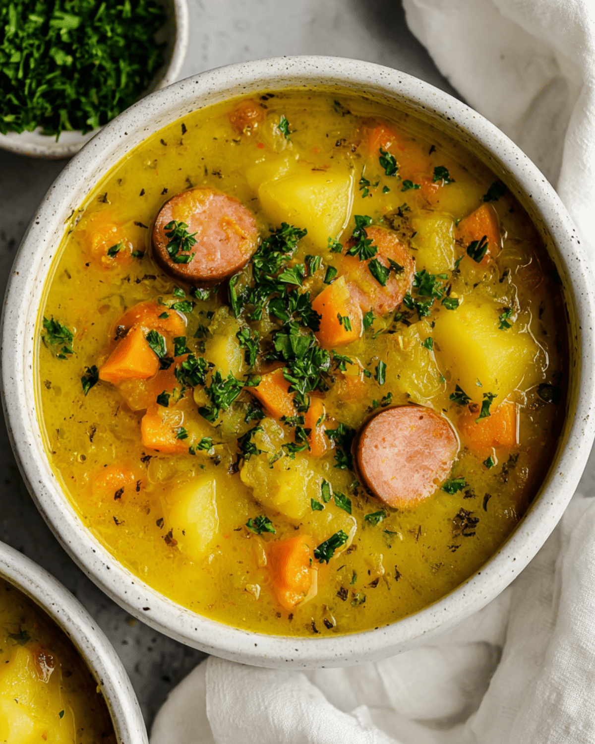 A bowl of cozy German potato soup with chunks of potato, carrots, sliced sausage, and fresh herbs.