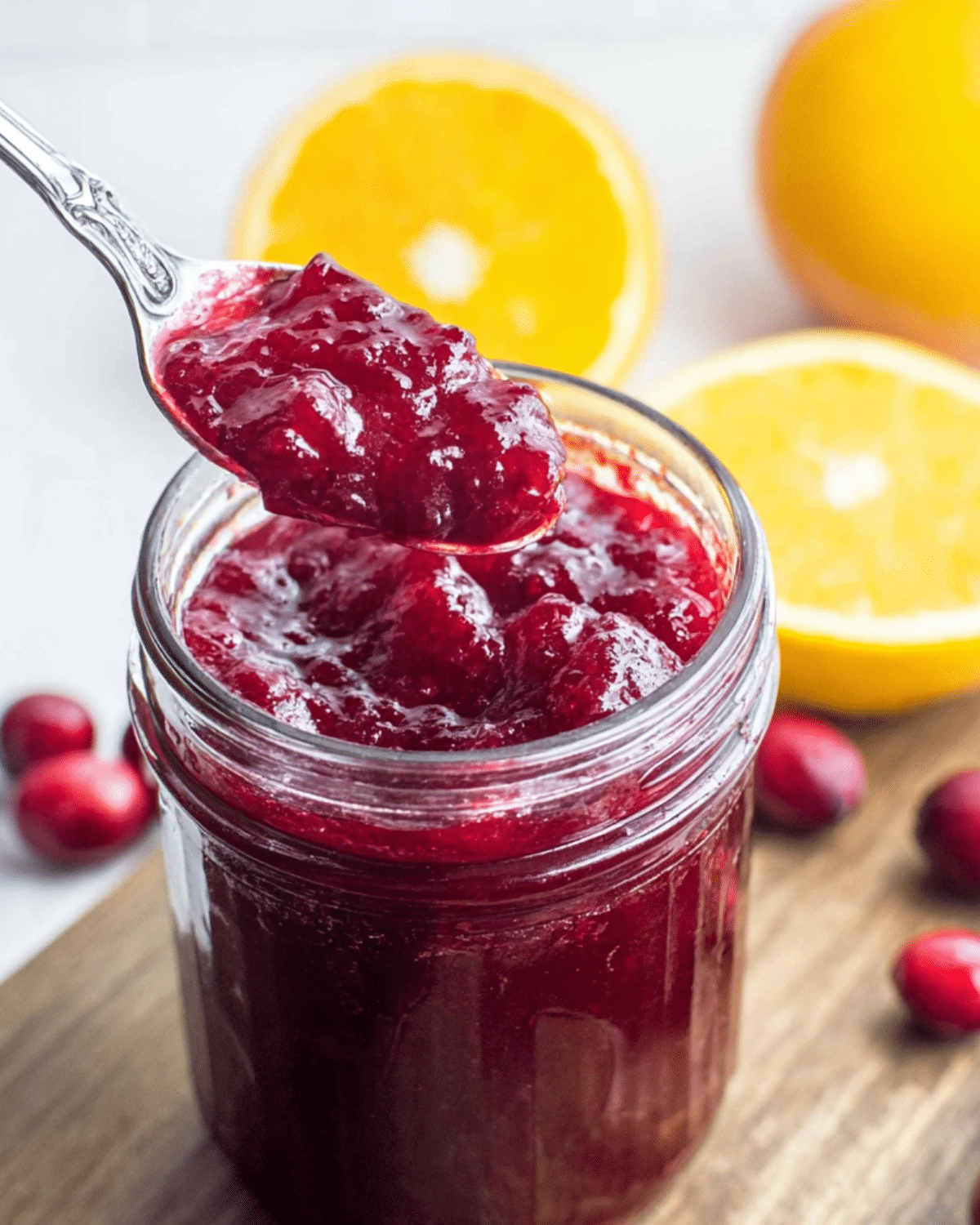 A spoonful of thick cranberry-orange preserves held over a glass jar, with fresh cranberries and halved oranges in the background.