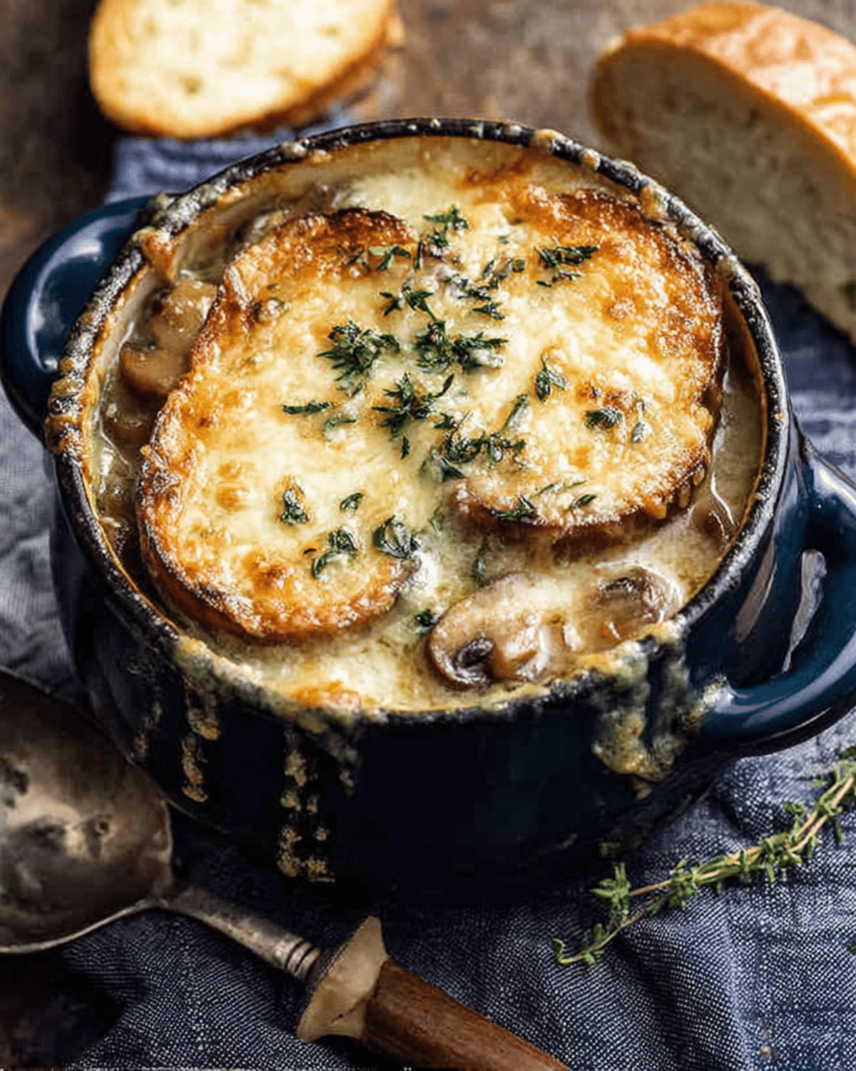 A crock of creamy French onion and mushroom soup topped with golden toasted bread and melted cheese, garnished with fresh thyme.