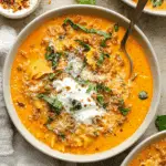 A bowl of creamy lasagna soup with ground meat, lasagna noodles, topped with ricotta, grated cheese, basil, and red pepper flakes.
