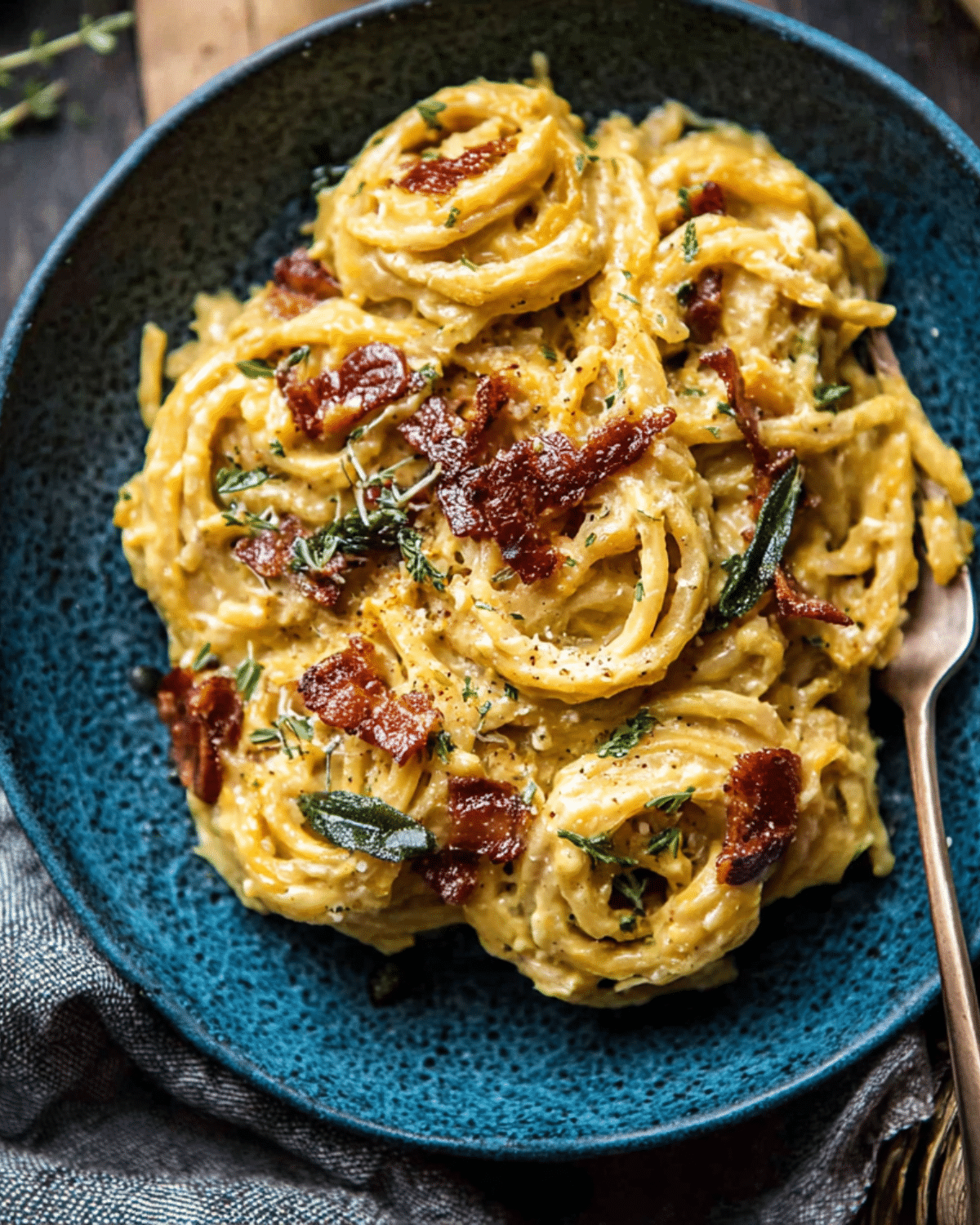 Plate of Creamy Roasted Garlic Butternut Squash Pasta topped with crispy bacon and herbs, served in a dark blue bowl.
