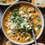 Bowl of Creamy White Chicken Chili topped with avocado, shredded cheese, sour cream, cilantro, and served with crusty bread.