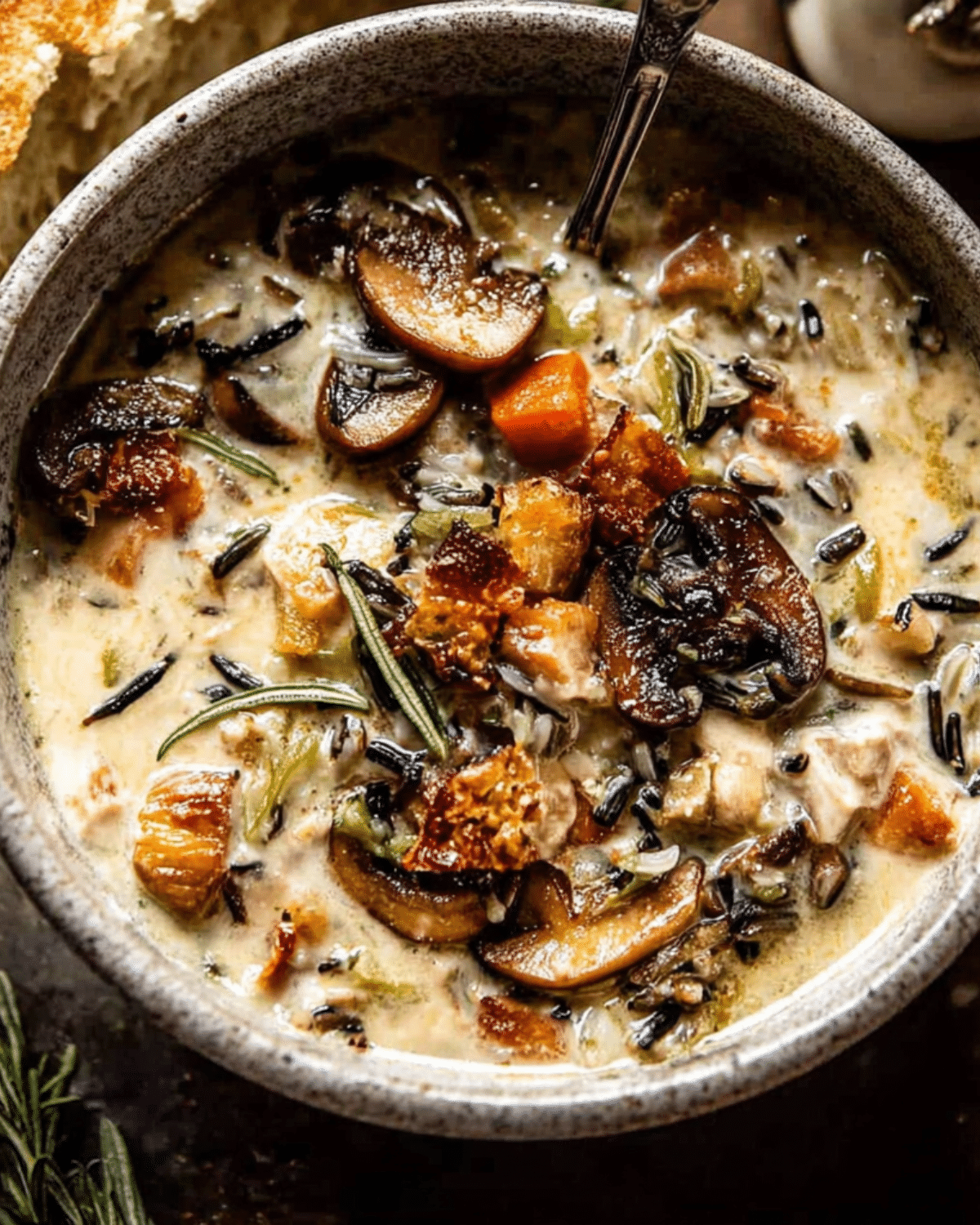 A bowl of creamy wild rice chicken soup filled with roasted mushrooms, vegetables, herbs, and chunks of chicken in a thick, comforting broth.