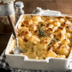 Easy creamy cheesy potato bake in a white casserole dish, topped with golden melted cheese and garnished with thyme.