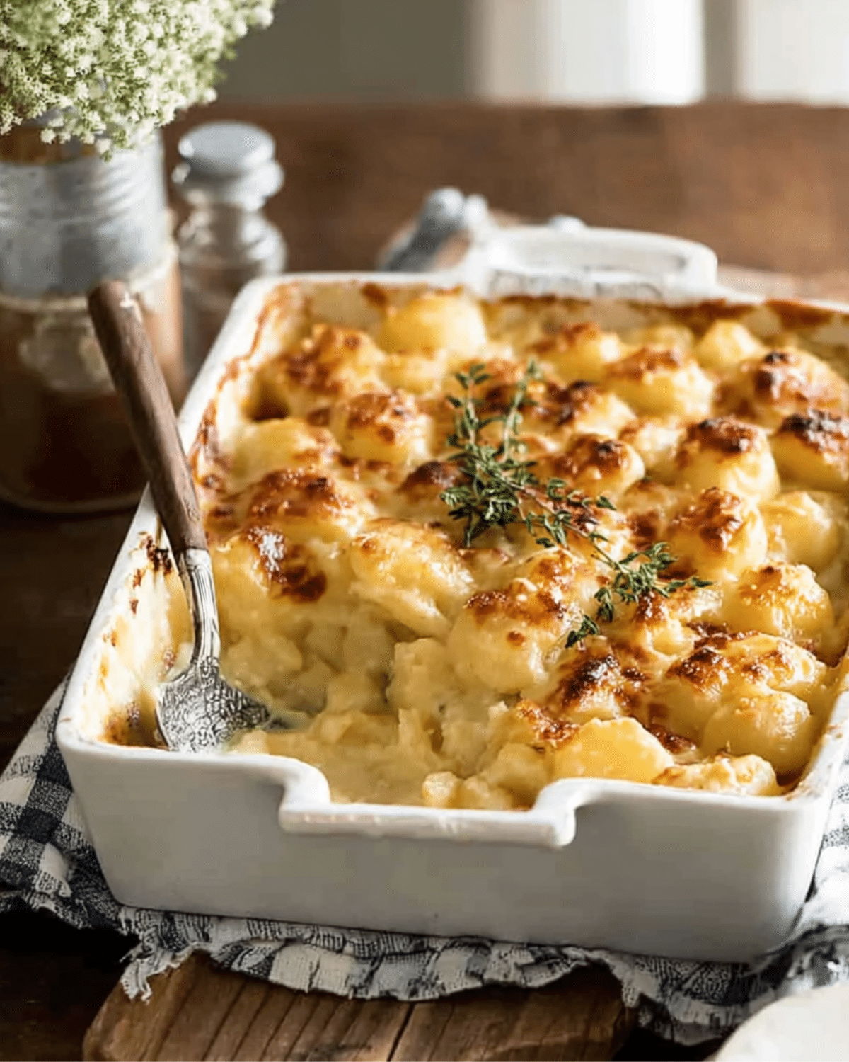 Easy creamy cheesy potato bake in a white casserole dish, topped with golden melted cheese and garnished with thyme.