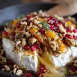 Baked festive brie topped with honey, walnuts, pomegranate seeds, mandarin slices, and fresh herbs in a black skillet.