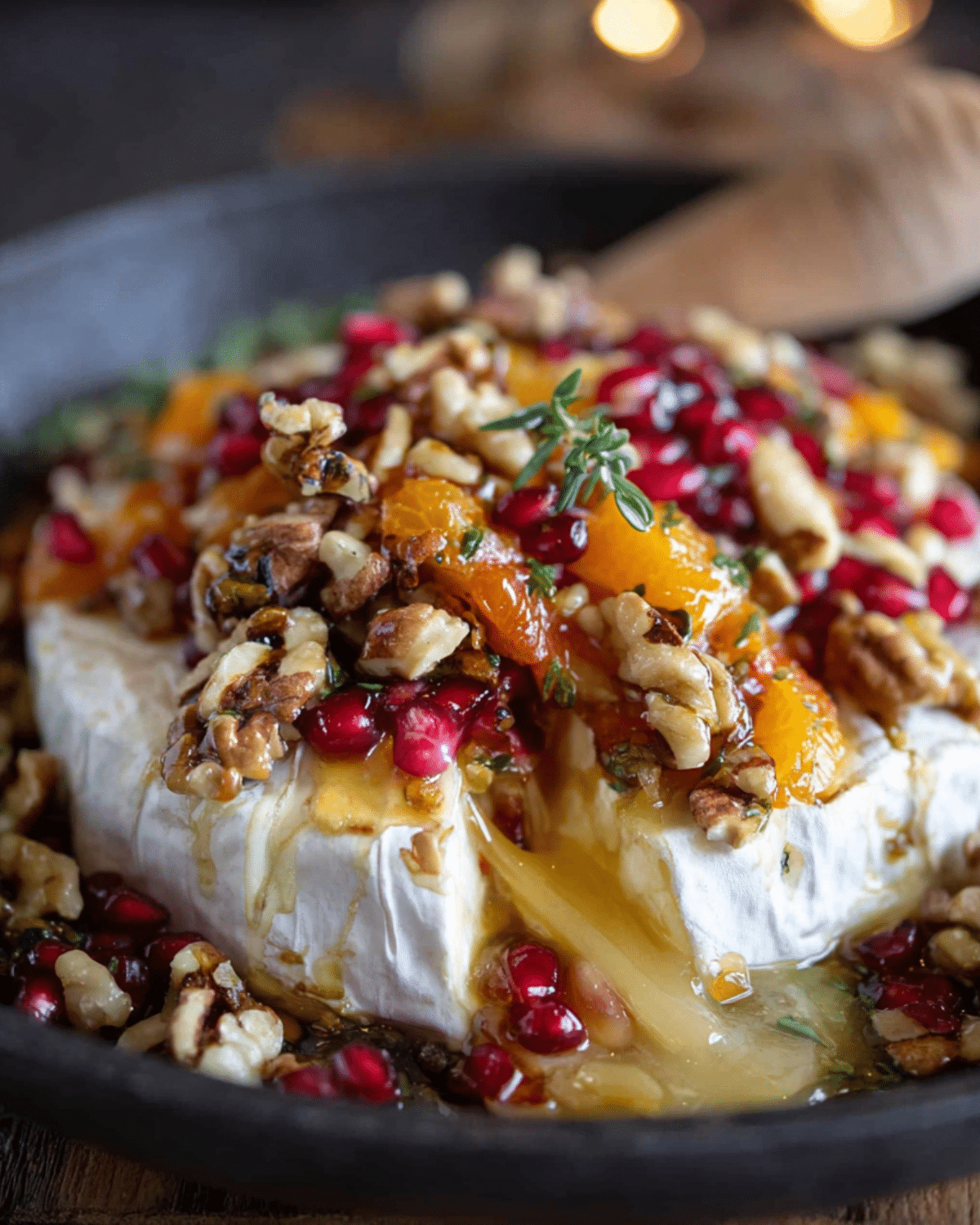 Baked festive brie topped with honey, walnuts, pomegranate seeds, mandarin slices, and fresh herbs in a black skillet.