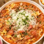 A bowl of hearty Italian lasagna soup filled with ground meat, tomato chunks, lasagna noodles, and topped with grated Parmesan and fresh parsley.
