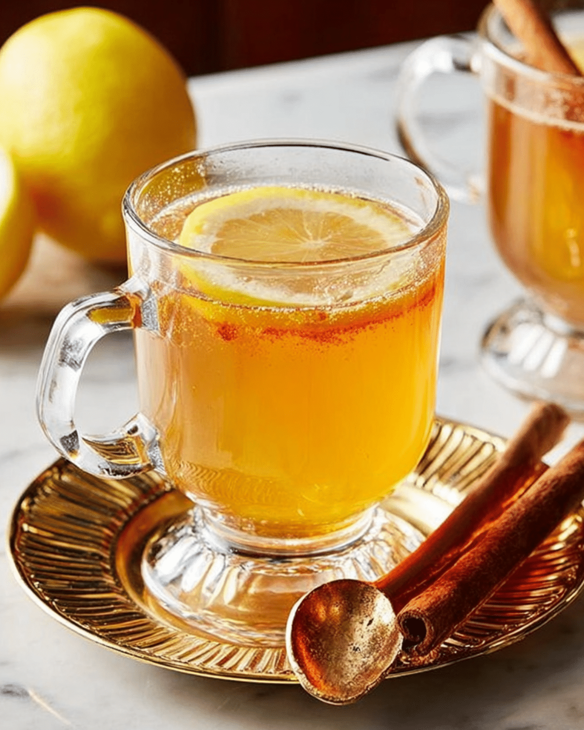 A glass mug of hot toddy cocktail garnished with a lemon slice, served on a gold-rimmed saucer with cinnamon sticks and a golden spoon.