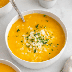 Italian Penicillin Soup in a white bowl, featuring a rich golden broth with rice, finely chopped herbs, and grated cheese on top.