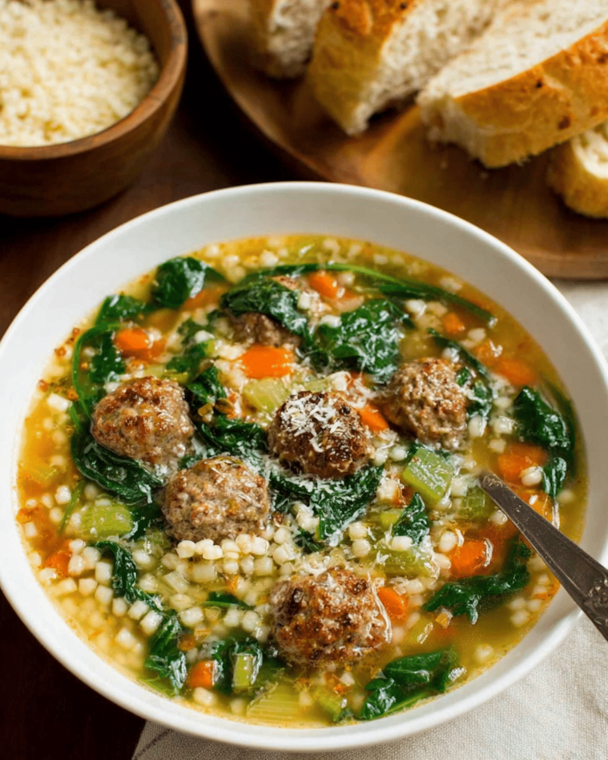 Bowl of Italian wedding soup with meatballs, spinach, carrots, celery, and acini di pepe pasta, served with grated cheese on top.