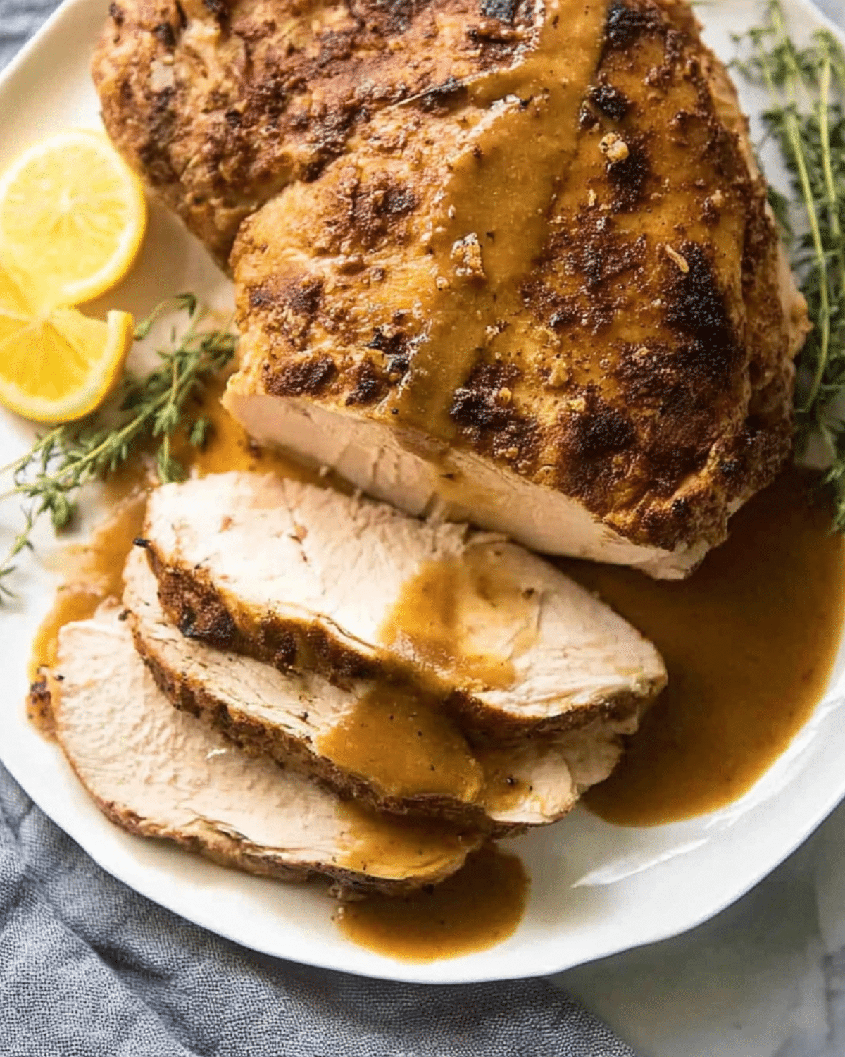 Juicy slow cooker turkey breast sliced and topped with rich brown gravy, served with lemon slices and fresh herbs.