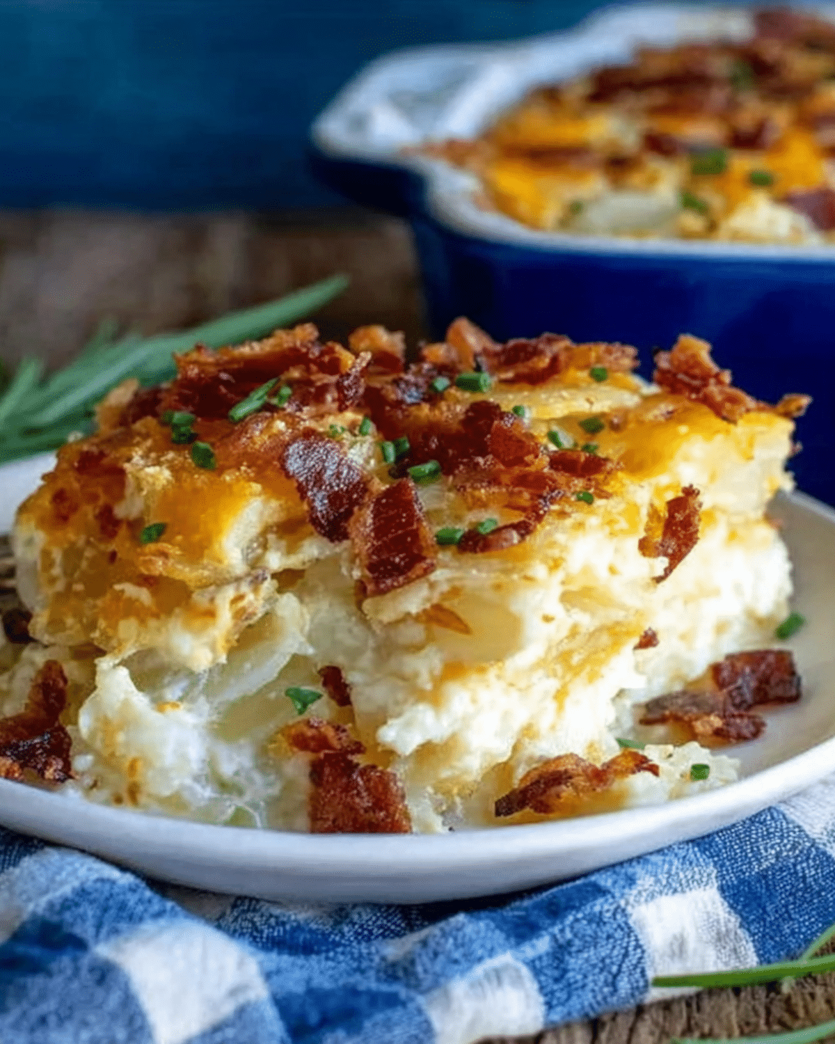 A serving of loaded scalloped potatoes topped with crispy bacon, melted cheese, and chopped chives on a white plate.