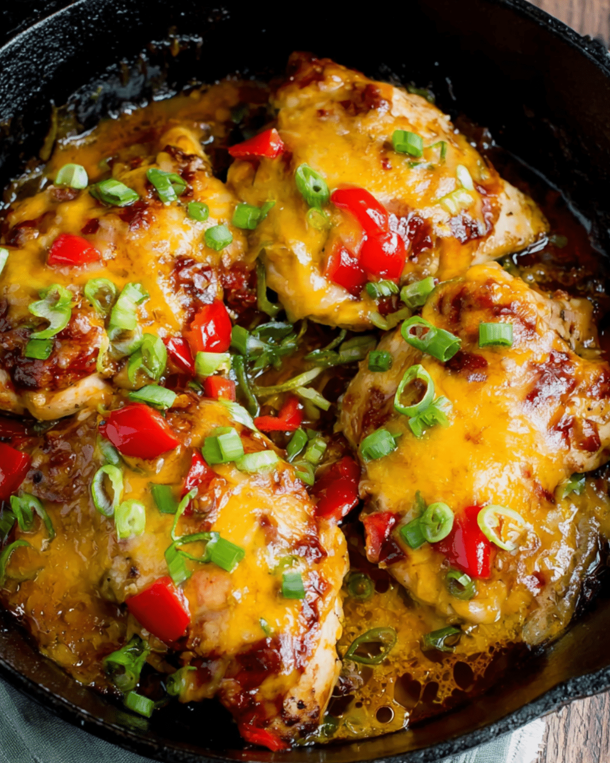 Skillet of Monterey Chicken topped with melted cheese, chopped red bell peppers, and sliced green onions.