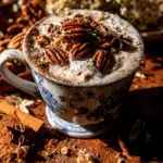 Pumpkin spice pecan latte topped with whipped cream, whole pecans, and spices in a floral-patterned mug.