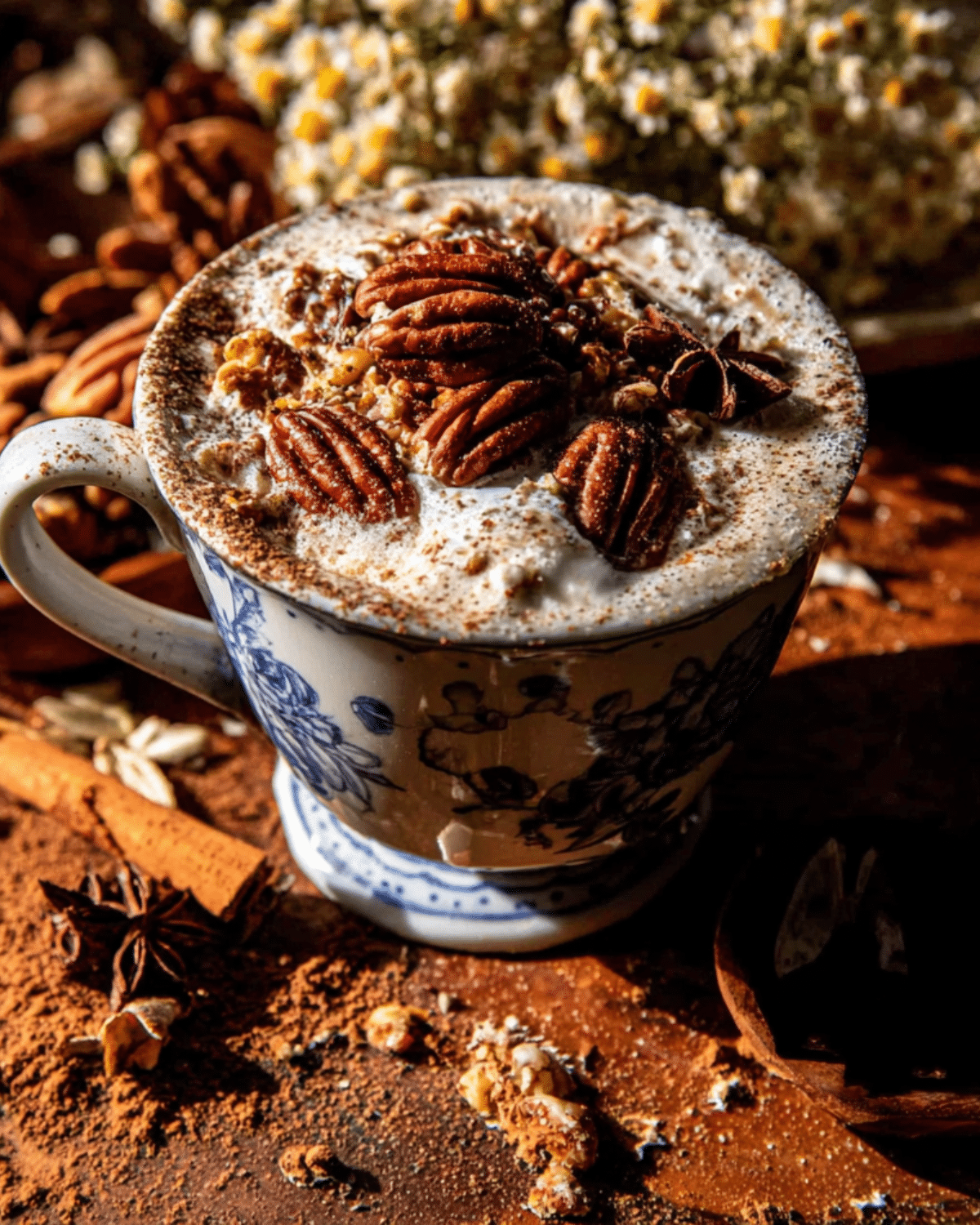 Pumpkin spice pecan latte topped with whipped cream, whole pecans, and spices in a floral-patterned mug.