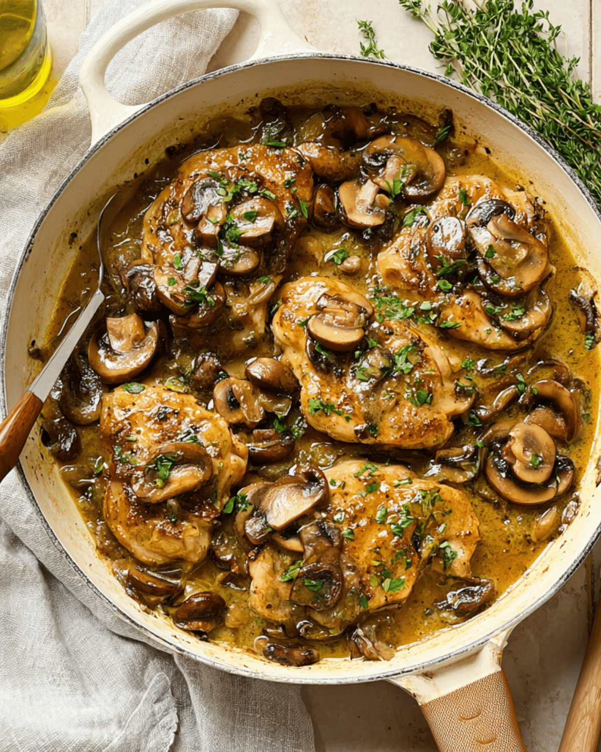 Golden brown Smothered Chicken in Mushroom Wine Sauce, cooked in a skillet with sautéed mushrooms and fresh herbs.
