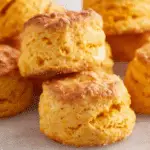Golden brown sweet potato biscuits stacked on parchment paper, showing their fluffy and flaky texture.